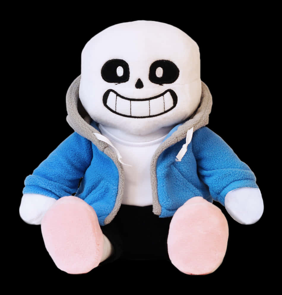 Undertale 桌布 壁紙 — 一個微笑骷髏角色穿著藍色連帽衫的毛絨玩具坐在黑色背景前。