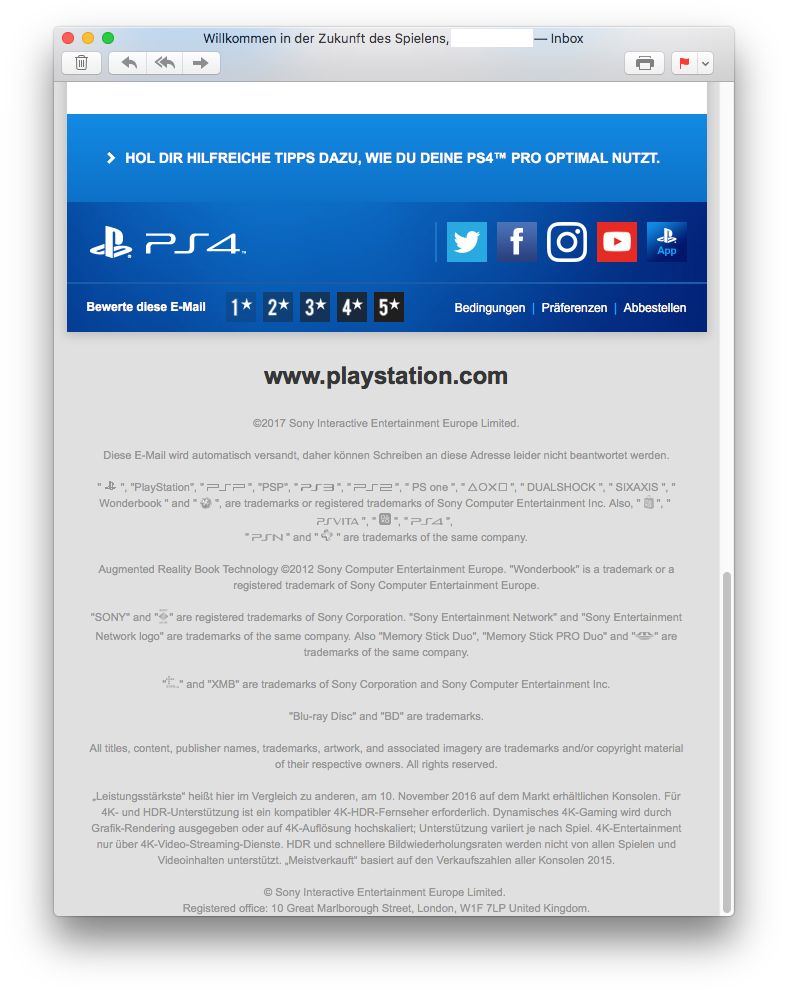 PlayStation 桌布 壁紙 — 一個德國PlayStation電子郵件的截圖，推廣PS4提示，包含標誌和頁尾文字。