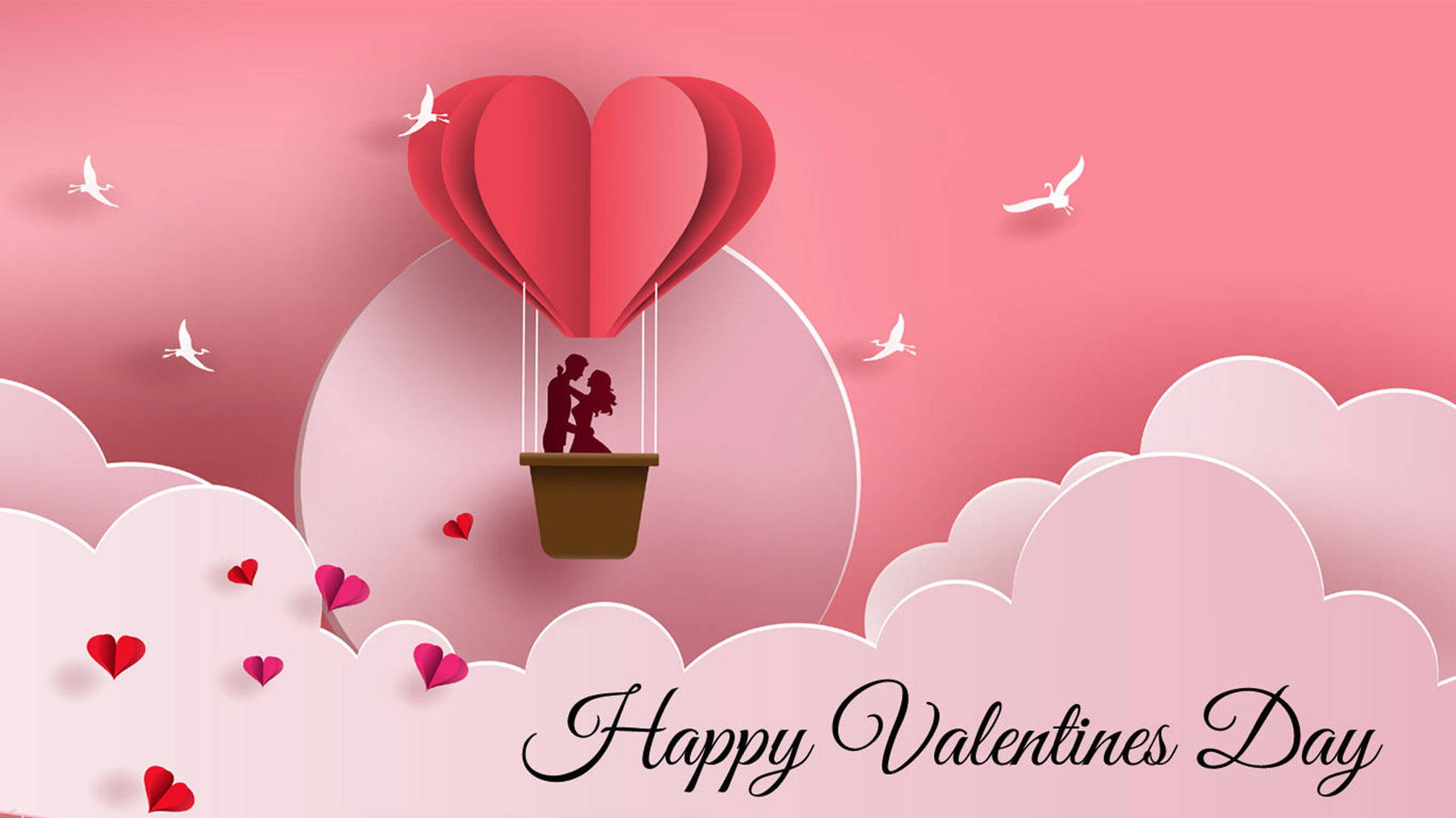 Happy Valentines Day 桌布 壁紙 — 一個心形剪紙風格的熱氣球承載著一對情侶的剪影，漂浮在粉紅色的雲朵之上，周圍有漂浮的心形和鳥兒。