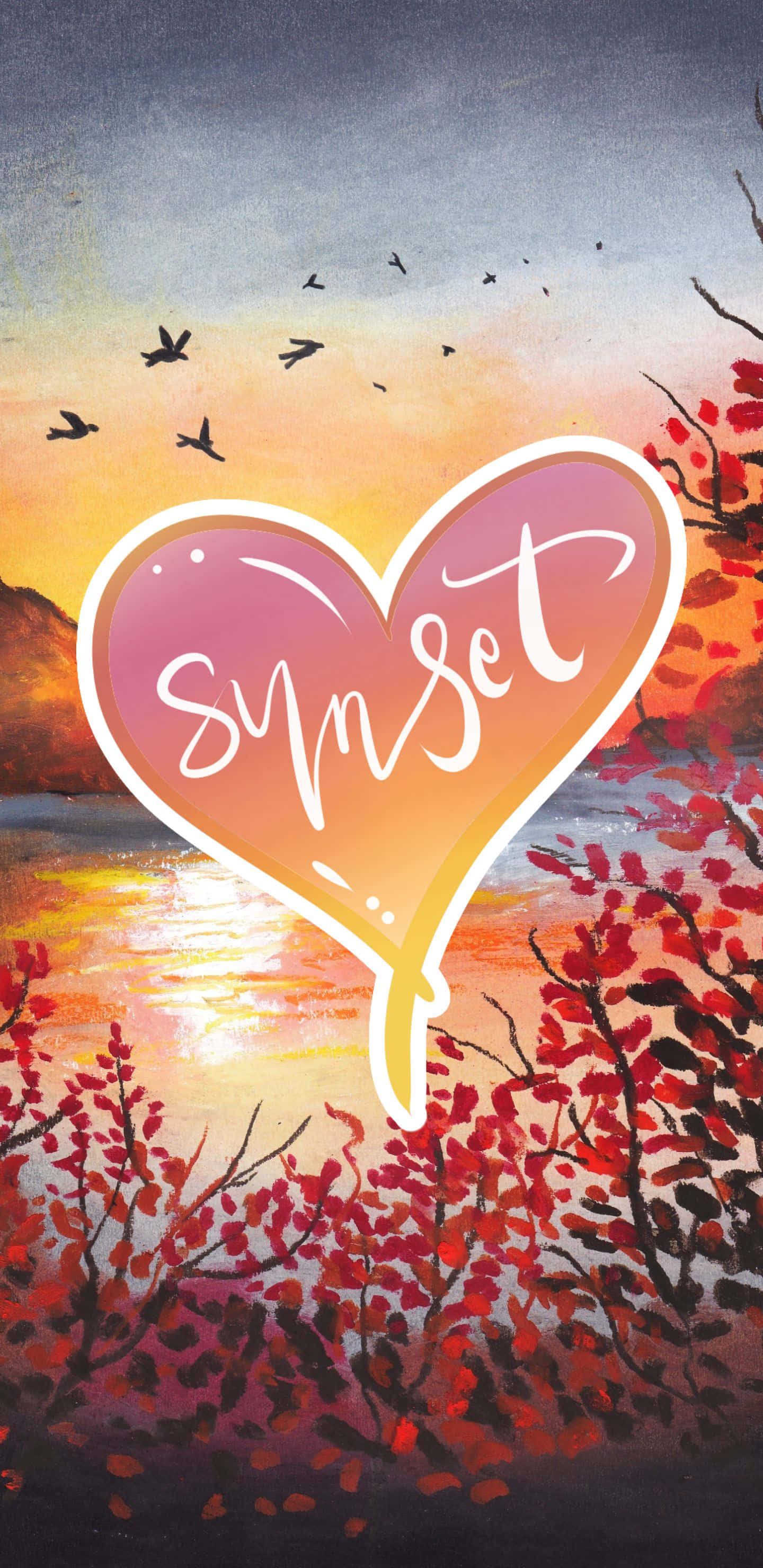 1440x2960 桌布 壁紙 — 一個心形圖案，上面有「sunset」字樣，疊加在黃昏時分鳥兒飛翔的 vibrant 秋日景觀上。