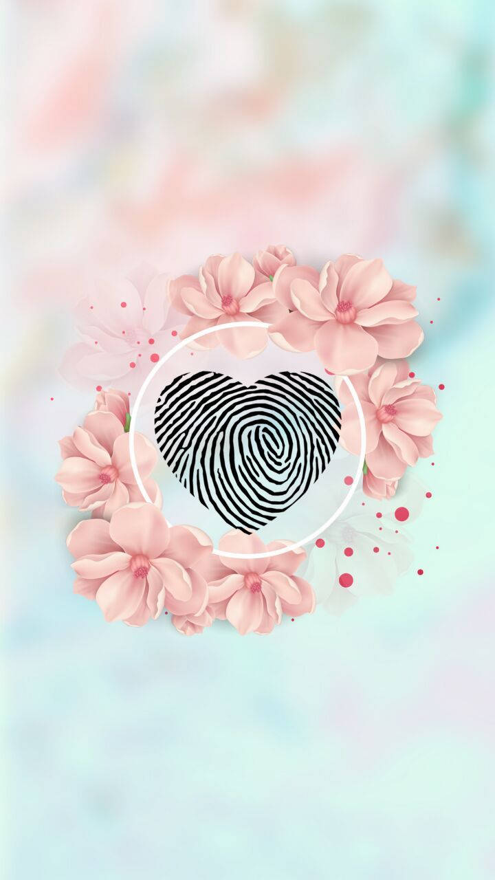 Cute Instagram 桌布 壁紙 — 一個心形指紋，周圍環繞著柔和的粉紅色花朵，背景為粉彩漸變色。
