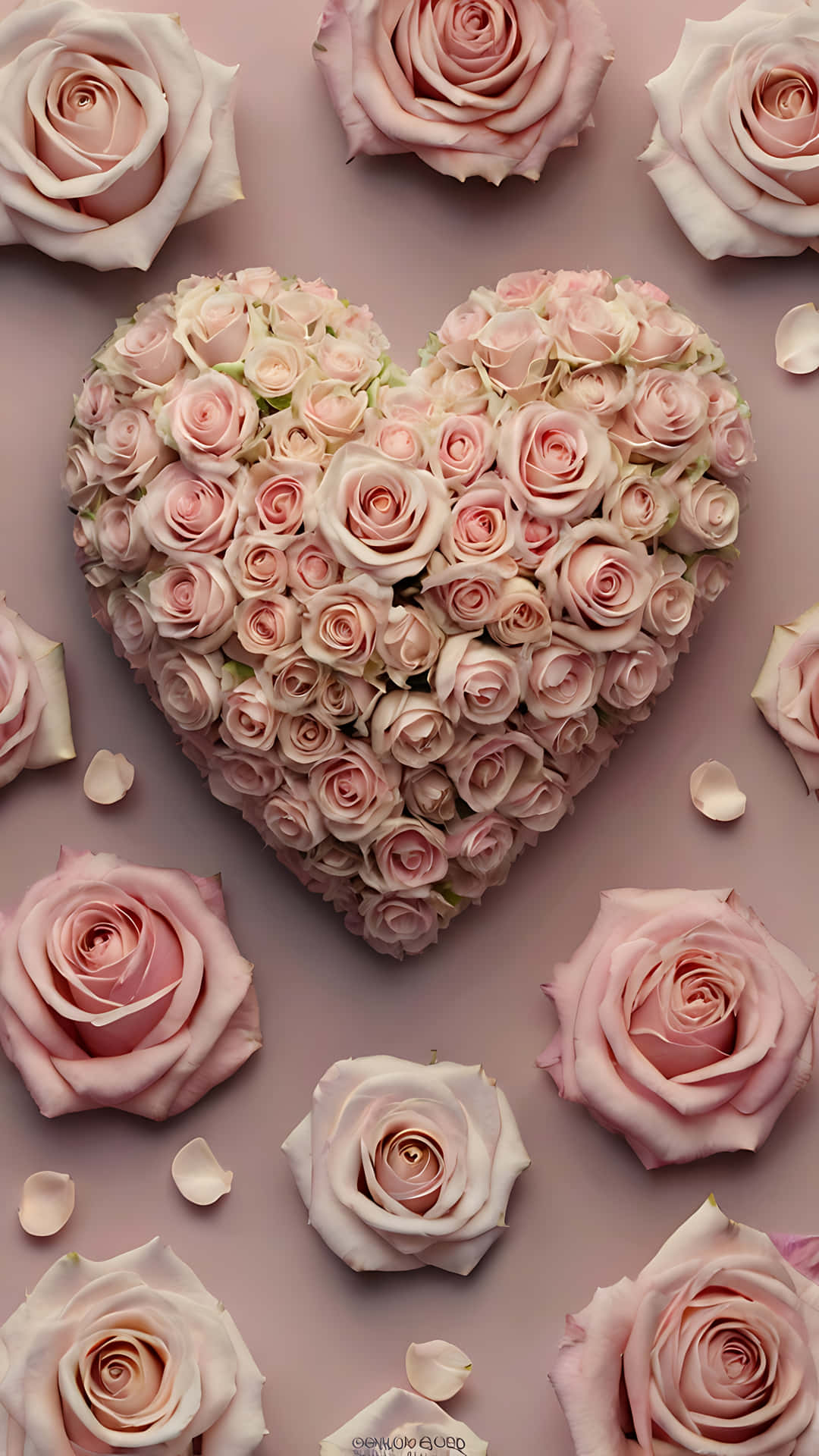 Love in Bloom: Heart and Roses wallpaper 壁紙 — 一個心形排列的粉紅玫瑰，周圍散落著花朵和花瓣，背景是柔和的粉紅色。