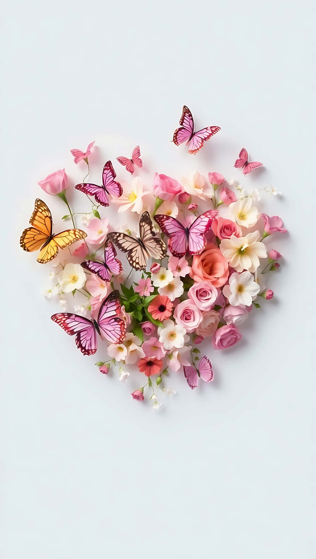 Love Symphony: Flowers and Butterflies smartphone wallpaper 壁紙 — 一個心形排列的粉紅玫瑰和白花，色彩繽紛的蝴蝶在淺藍色背景上飛舞。