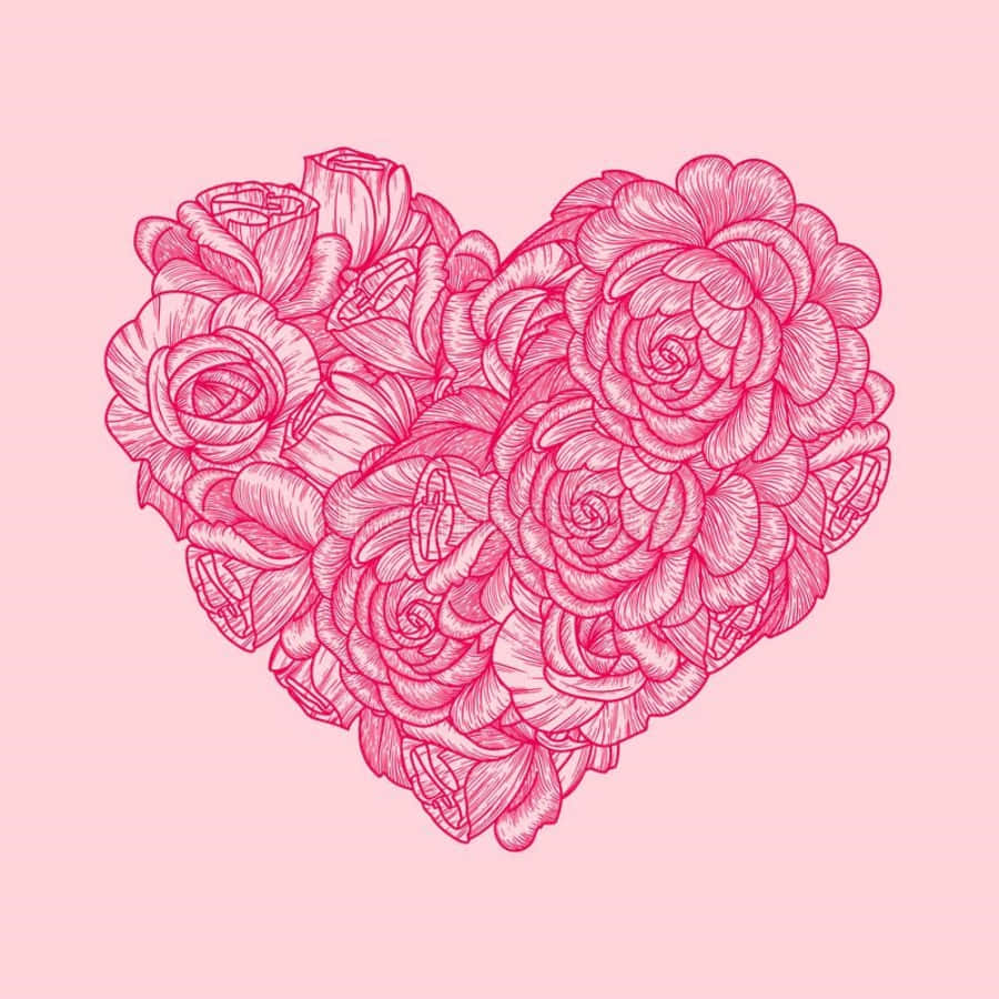 Cartoon Heart 桌布 壁紙 — 一個心形排列的詳細粉紅玫瑰，以較深的粉紅色勾勒輪廓，置於柔和的粉紅色背景上。