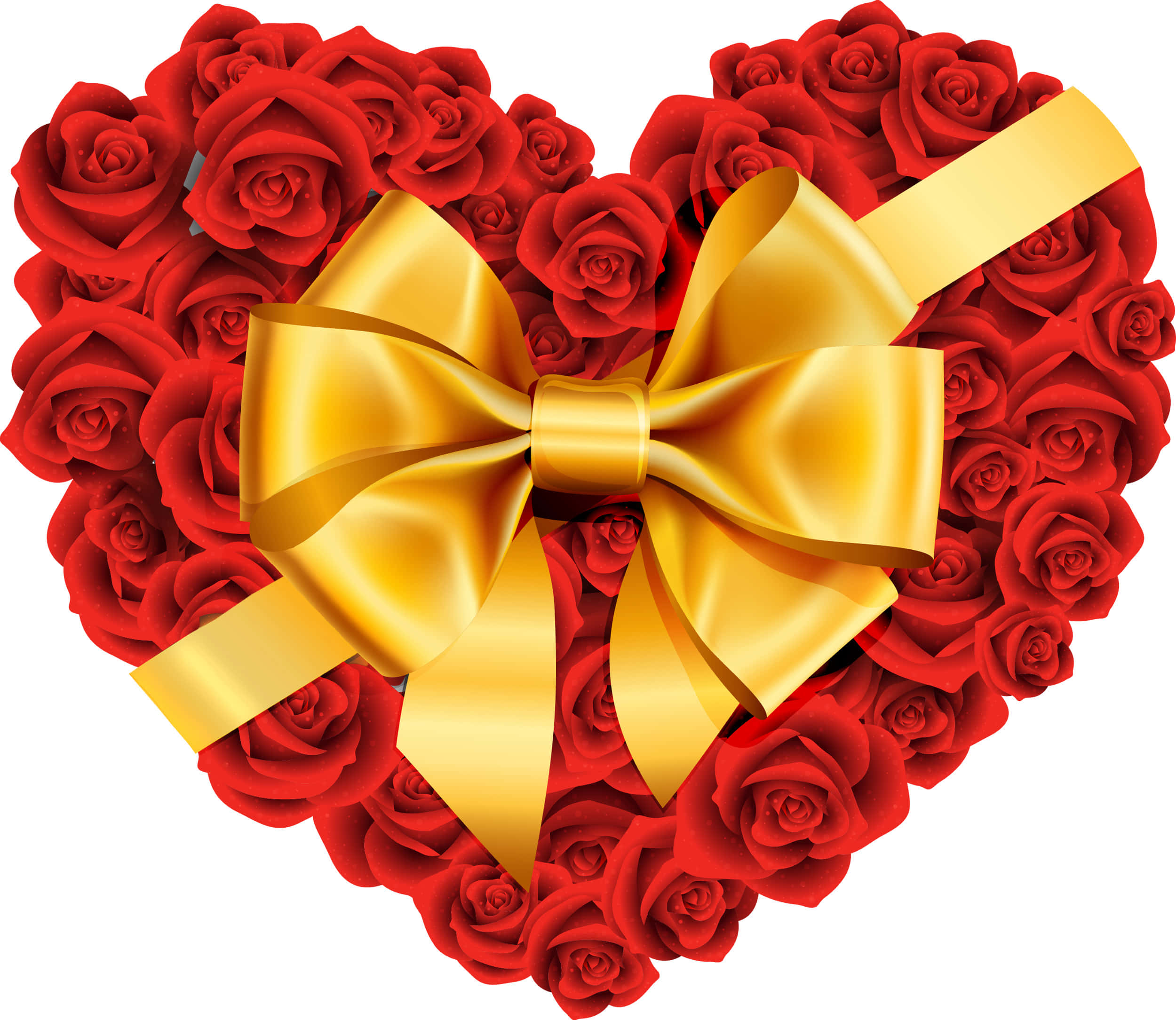 Rose Heart 桌布 壁紙 — 一個心形排列的鮮豔紅玫瑰，飾有光澤的金色蝴蝶結。