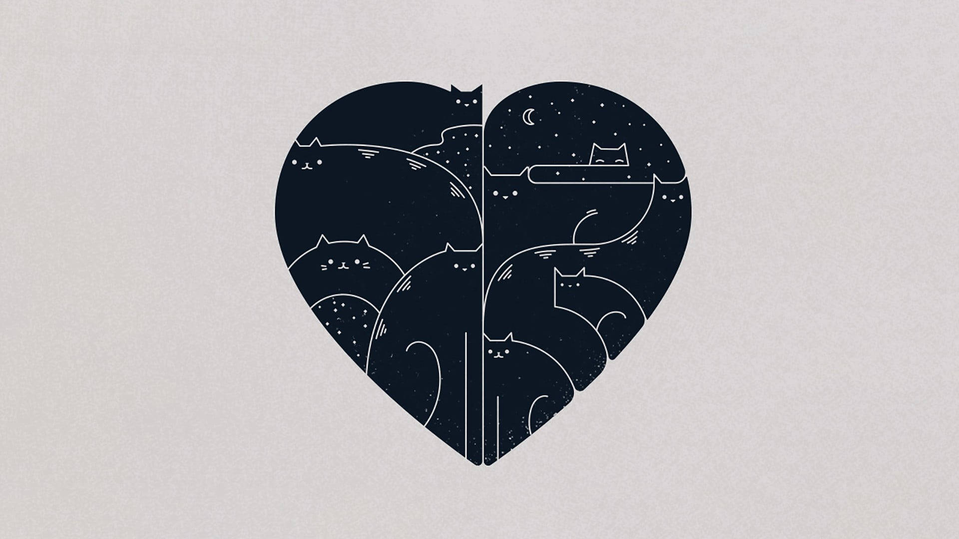 Love Drawings 桌布 壁紙 — 一個心形插圖分為白天和夜晚場景，每個場景都充滿了在星星和月亮下的風格化貓咪。