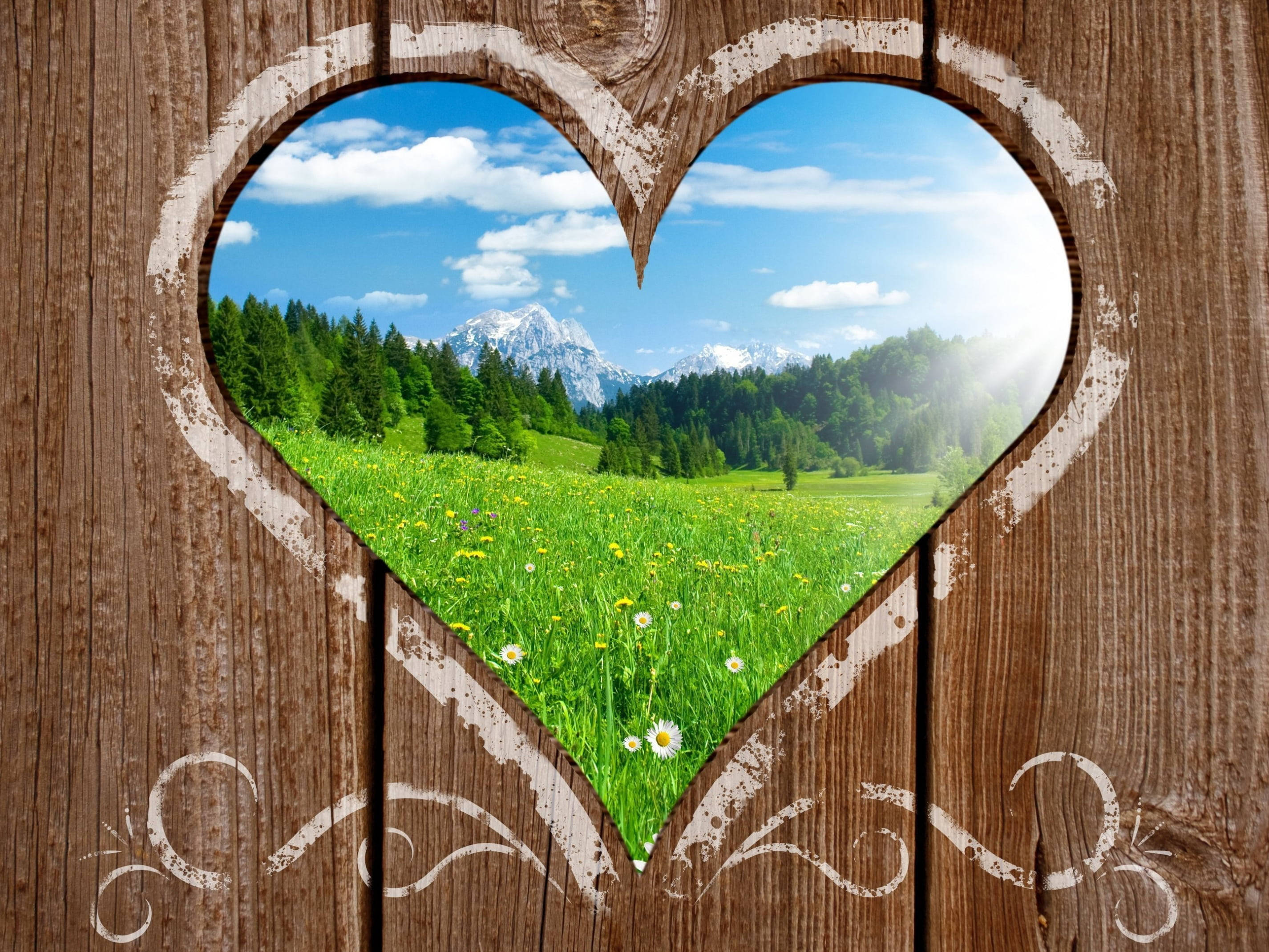 Love Nature 桌布 壁紙 — 一個心形木窗框住一片生機盎然的草地，草地上有野花和積雪的山峰，背景是明亮的藍天。