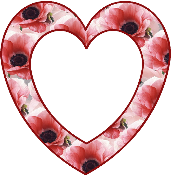 Heart Frame 桌布 壁紙 — 一個心形框架，飾有粉紅色罌粟花和深色花心，背景為黑色。