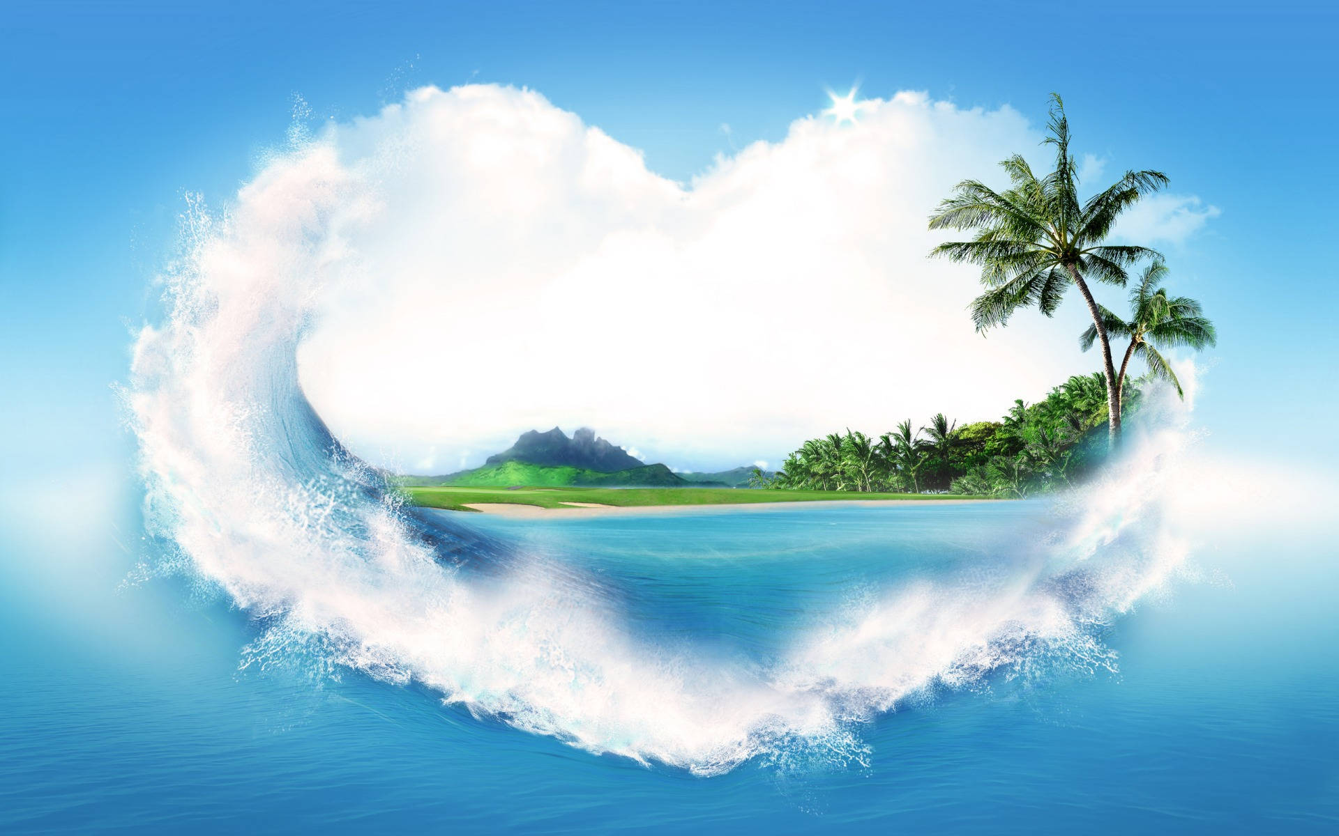 Love Nature 桌布 壁紙 — 一個心形海浪框住一個熱帶島嶼，島上有棕櫚樹和綠色山丘，在明亮的藍天下。