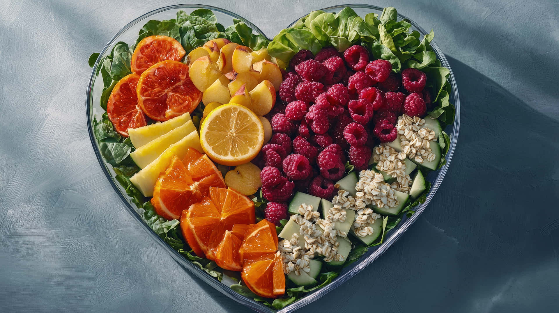Heart-Shaped Bowl with Fresh Fruits, Vegetables, and Oats for a Healthy Meal 壁紙 — 一個心形玻璃碗，裝滿了色彩鮮豔的水果和蔬菜，包括覆盆子、柳橙、檸檬和小黃瓜片。