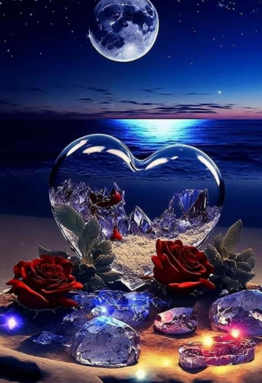Heart Shape 桌布 壁紙 — 一個心形玻璃罩內，在星夜海洋上的一輪明月下，懷抱著一個微型山脈。
