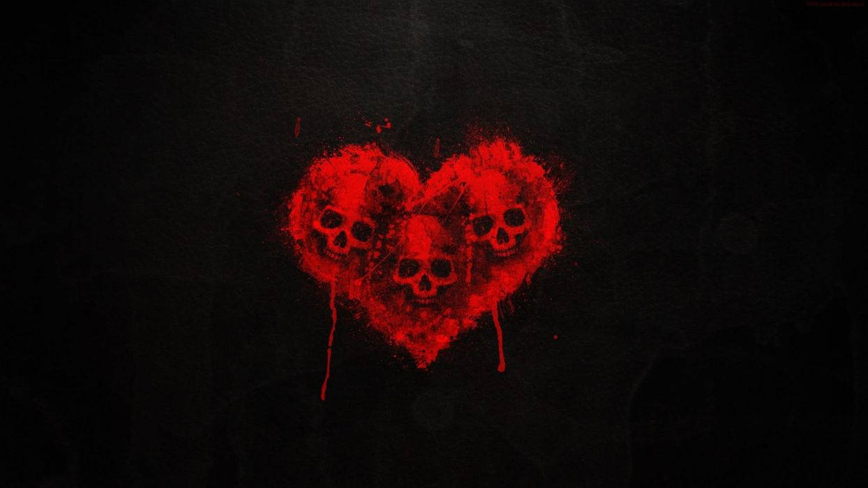 Dark Heart 桌布 壁紙 — 一個心形的紅色油漆噴濺，裡面嵌有三個骷髏頭，在深色有紋理的背景上滴落。