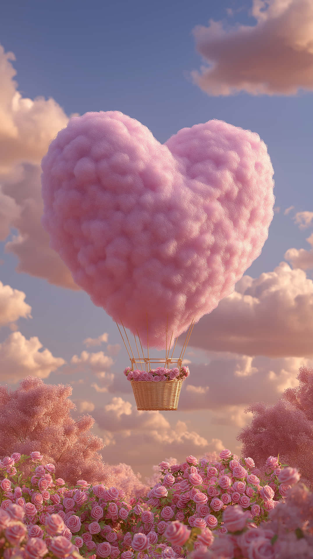 A pink heart-shaped balloon in the shape of cotton 壁紙 — 一個心形粉紅色棉花糖熱氣球漂浮在粉紅色玫瑰田上空，下方是柔和的粉彩天空。