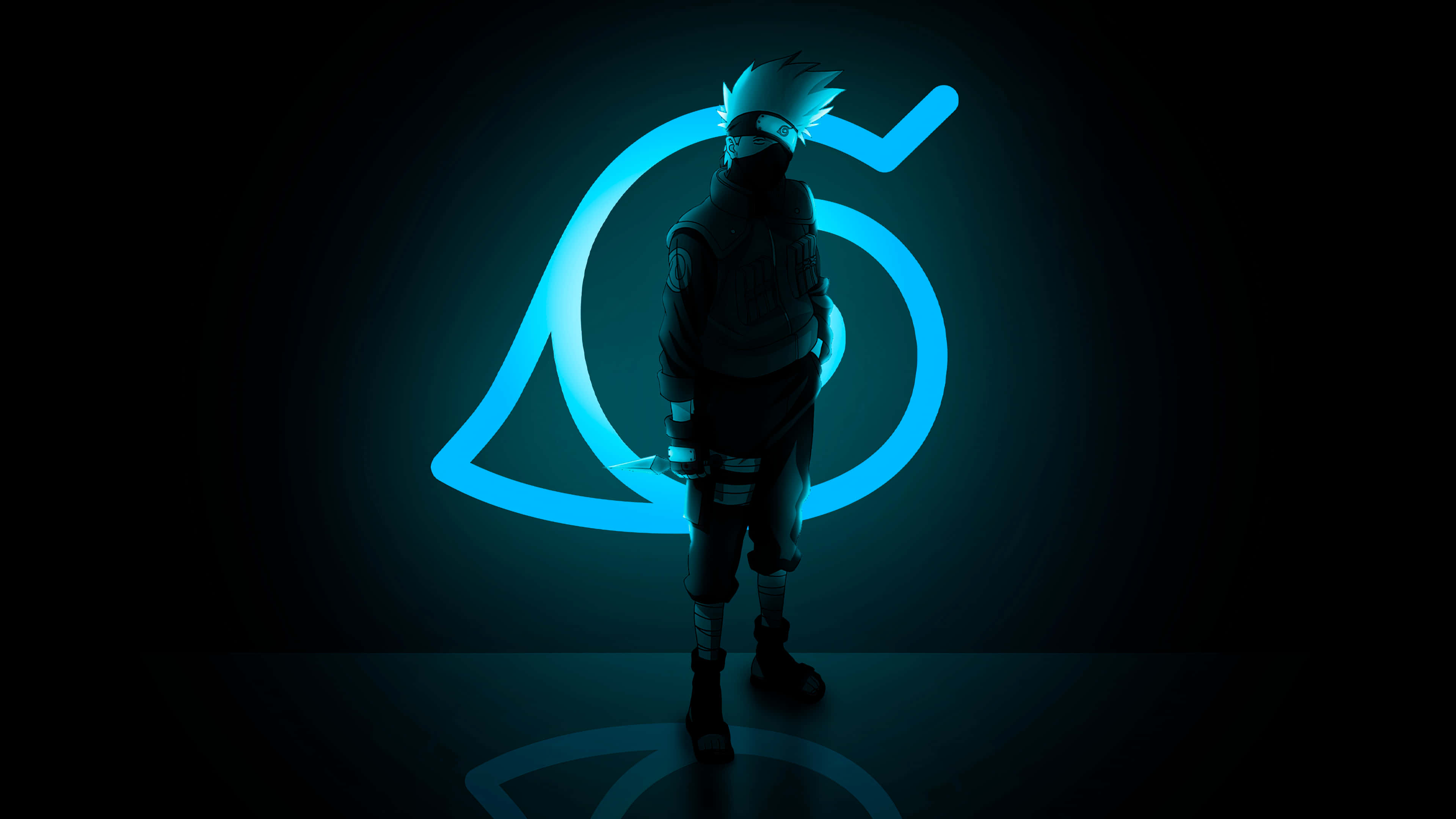 Naruto Anime 桌布 壁紙 — 一個忍者以剪影姿態站在黑暗房間中，背景是發光的藍色螺旋標誌，地板有反射效果。