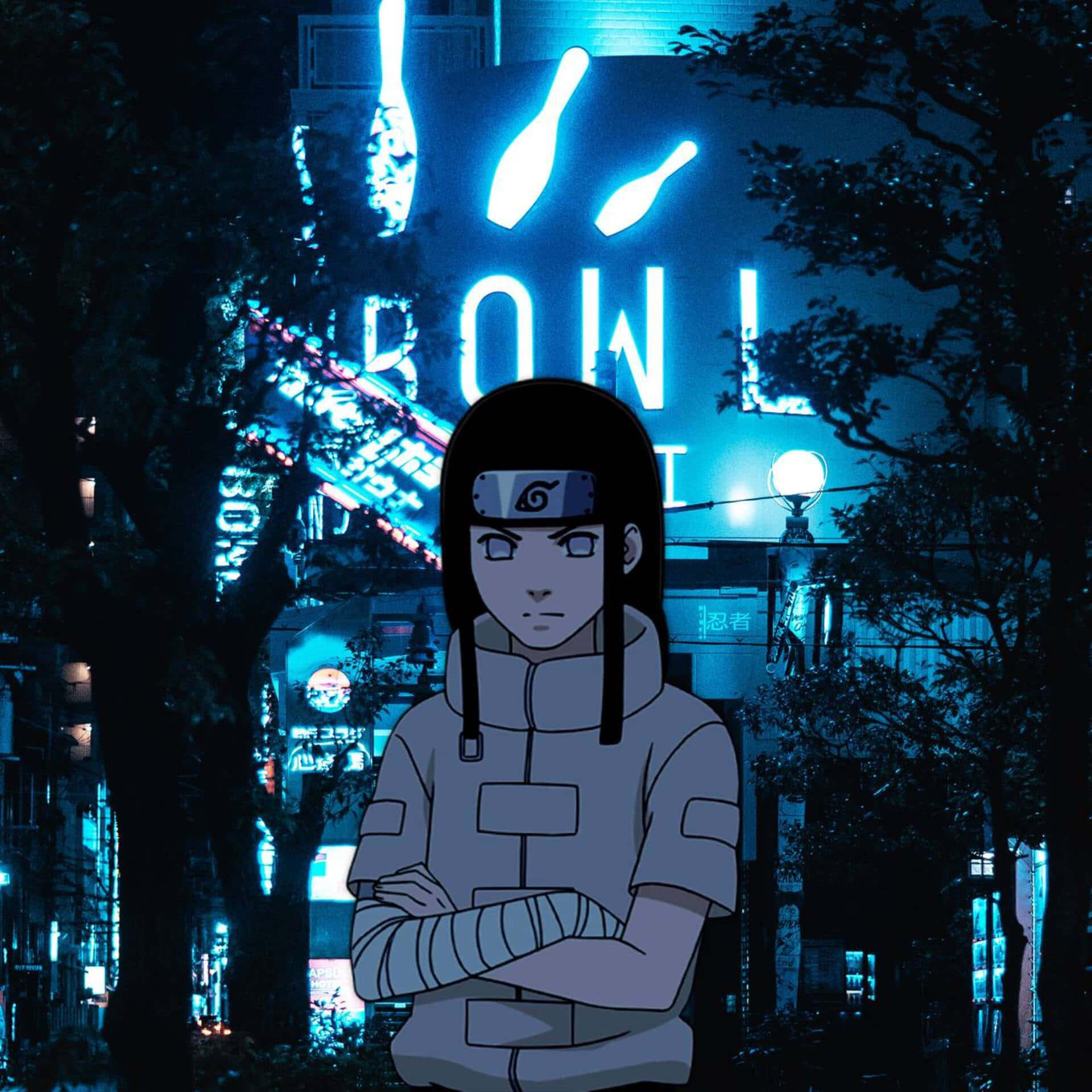 Neji Hyuga 桌布 壁紙 — 一個忍者動漫角色在夜晚雙手交叉站立在發光的霓虹燈保齡球館標誌前。