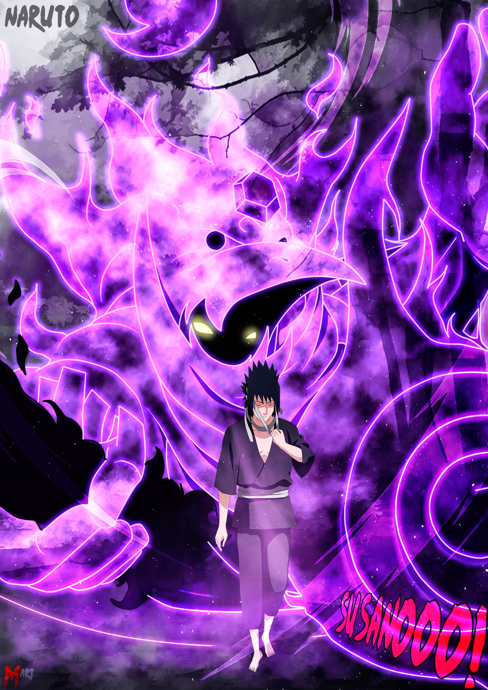 chidori 桌布 壁紙 — 一個忍者站在一個巨大的、發光的紫色惡魔面前，它有黃色的眼睛和鋸齒狀的火焰，身處黑暗的森林中。