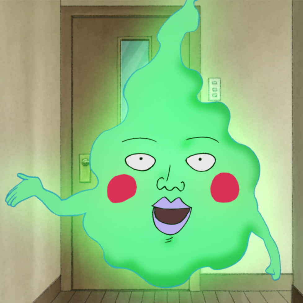 Mob Psycho 100 Ekubo 桌布 壁紙 — 一個快樂、發光的綠色幽靈，臉頰紅潤，笑容燦爛，漂浮在門附近的走廊上。