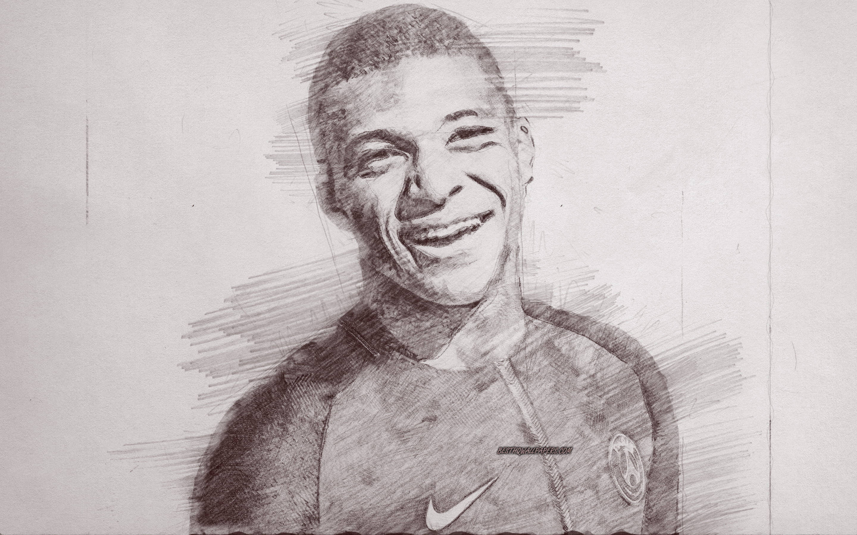 Mbappe 桌布 壁紙 — 一個快樂微笑的男人穿著運動球衣，以富有表現力的素描風格和動態交叉陰影呈現。