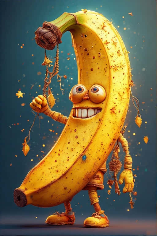 Realistic Banana Character with Magical Lighting 壁紙 — 一個快樂擬人化的香蕉，有凸眼和燦爛的笑容，站在青綠色背景前，拿著一串秋葉。