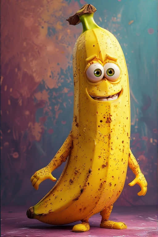 Realistic Banana Character with Magical Lighting 壁紙 — 一個快樂擬人化的香蕉，有咕嚕眼睛和燦爛的笑容，站在色彩繽紛的潑濺背景前。