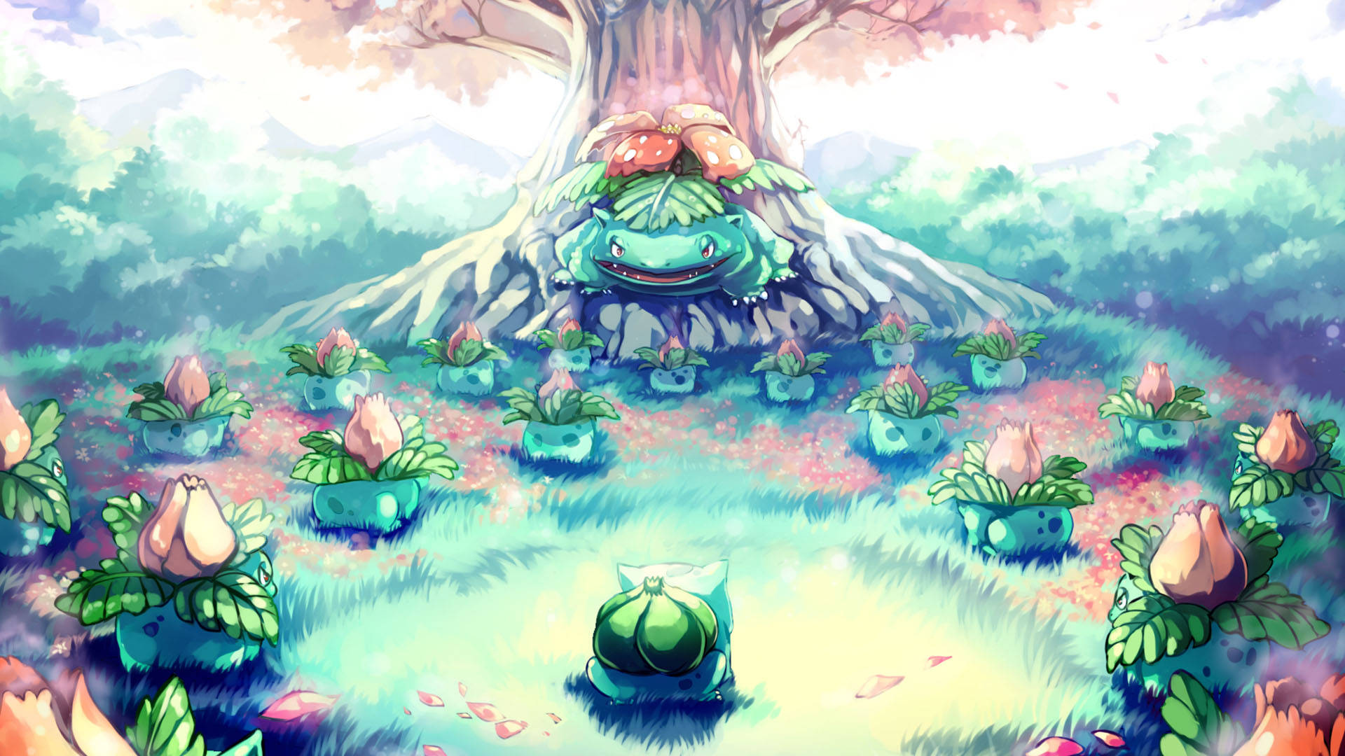 Bulbasaur 桌布 壁紙 — 一個快樂的 Bulbasaur 家庭聚集在一棵巨樹下，位於充滿活力、陽光普照的森林空地。