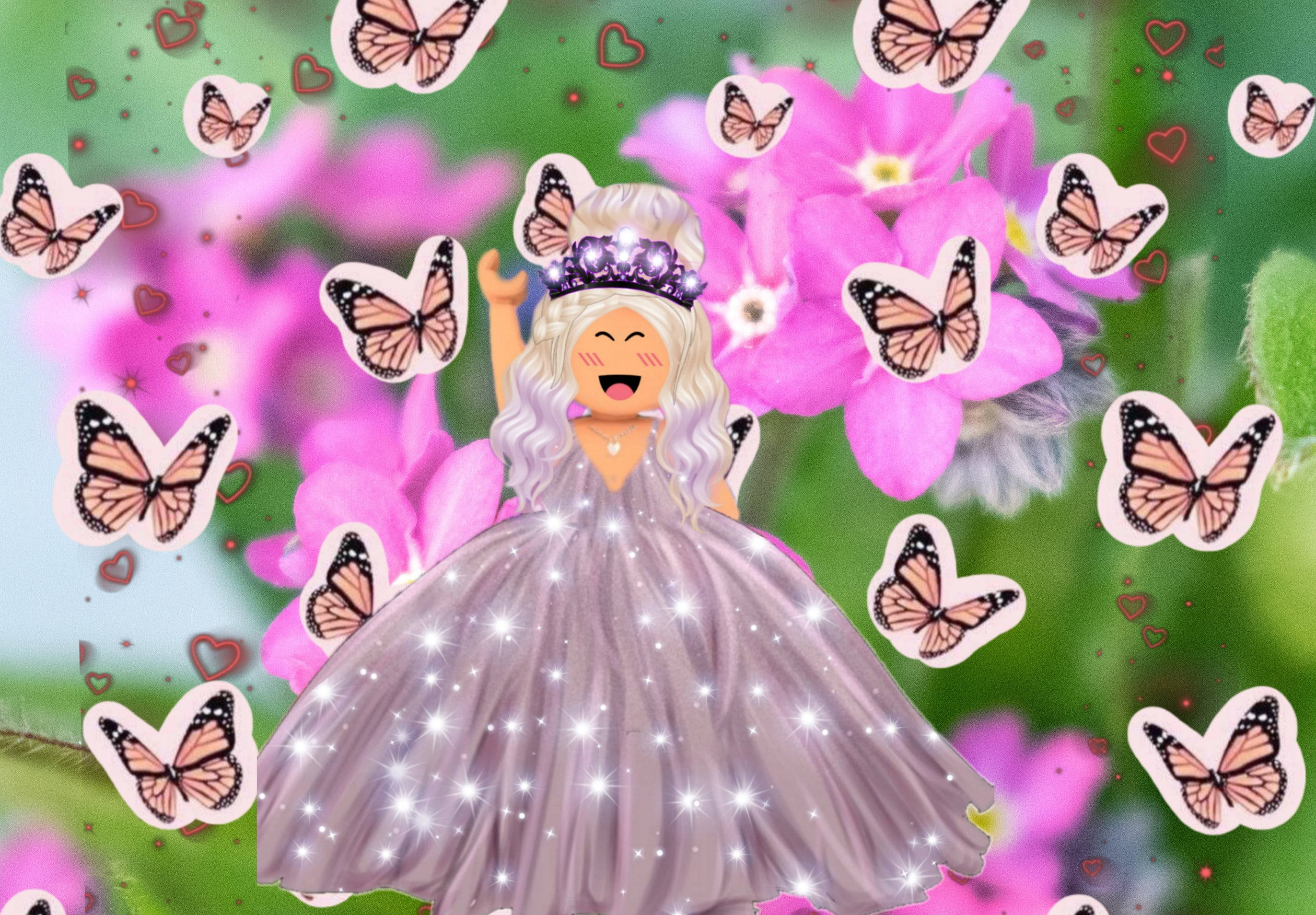 Roblox Pink 桌布 壁紙 — 一個快樂的 Roblox 頭像穿著閃閃發光的禮服，在粉紅花朵和帝王蝴蝶中跳舞，周圍漂浮著愛心。