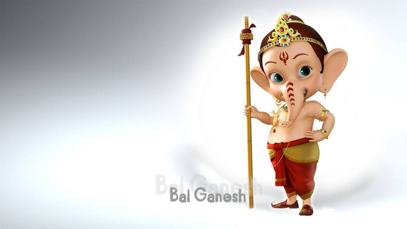 Ganesh 桌布 壁紙 — 一個快樂的3D渲染兒童象頭神，有大耳朵和長鼻，在柔和的漸變背景前拿著一根杖。