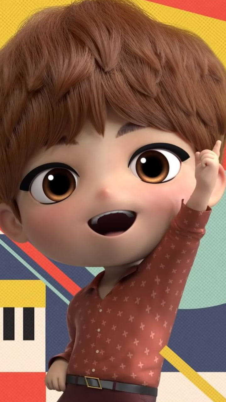 Cute Bts 桌布 壁紙 — 一個快樂的3D渲染動畫男孩，棕色頭髮，星星圖案襯衫，在色彩繽紛的幾何背景前向上指。