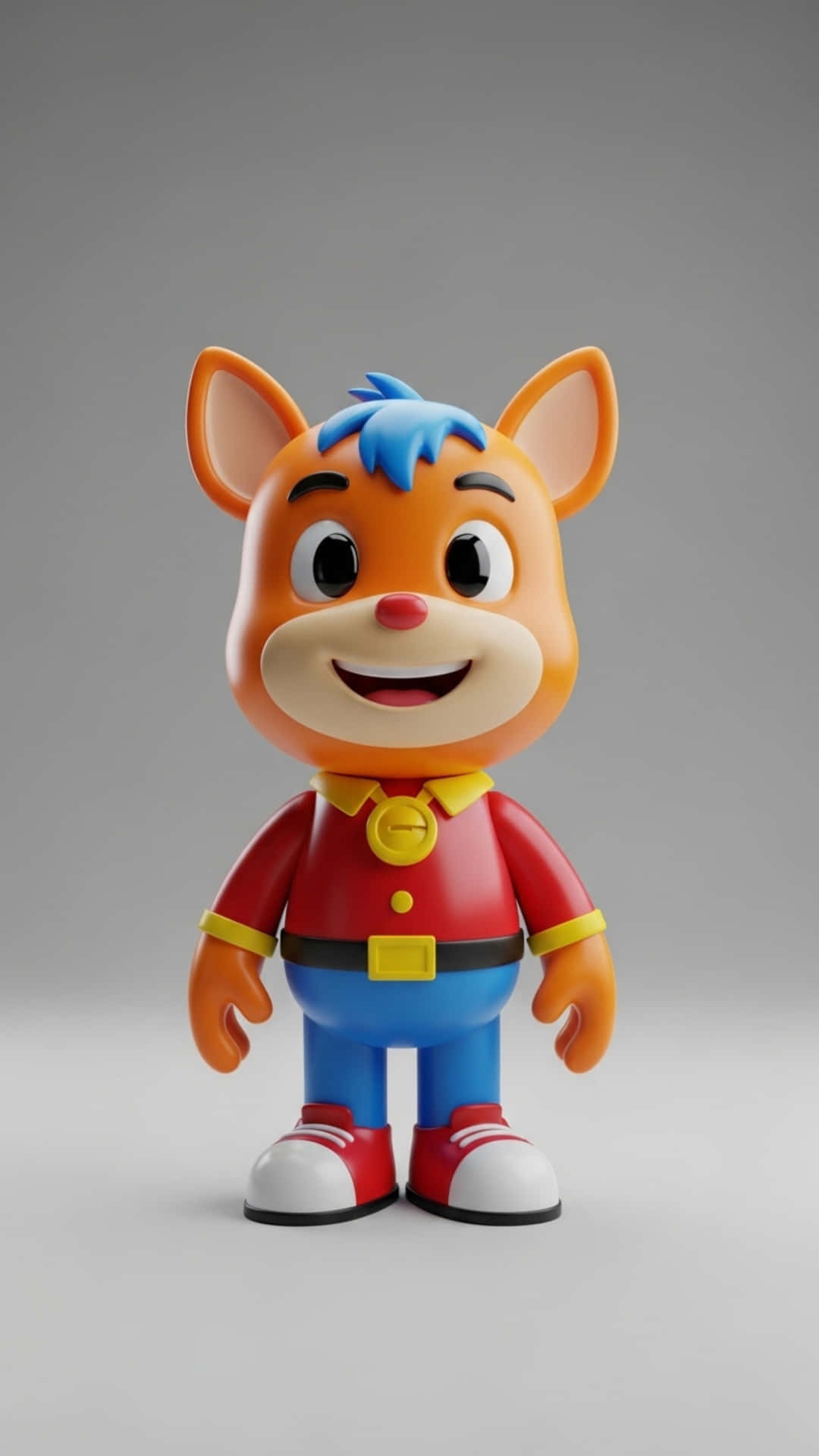 Sweet 3D Cartoon Mascot Character Standing Upright, Friendly Face, Vibrant Colors 壁紙 — 一個快樂的3D渲染卡通狐狸角色，藍色頭髮，穿著紅色襯衫和藍色褲子，站在純灰色背景前。