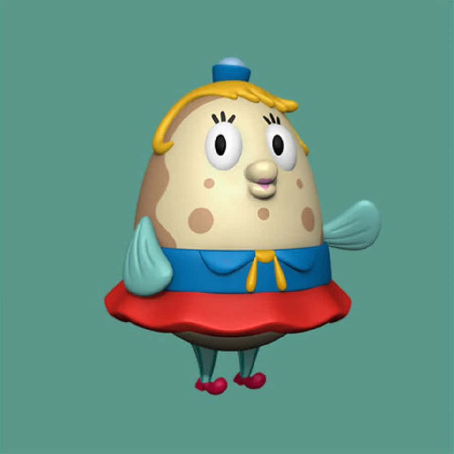 Mrs Puff 桌布 壁紙 — 一個快樂的3D渲染卡通角色，有斑點蛋形身體，穿著紅色裙子、藍色上衣和黃色頭髮。