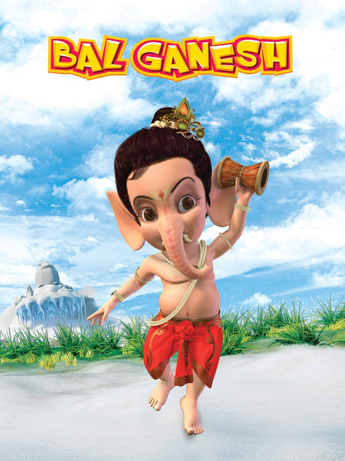 sand 桌布 壁紙 — 一個快樂的3D渲染小象神Bal Ganesh在雪地上赤腳跳舞，手持鼓，穿著紅色腰布和珍珠項鍊，在明亮的藍天下。
