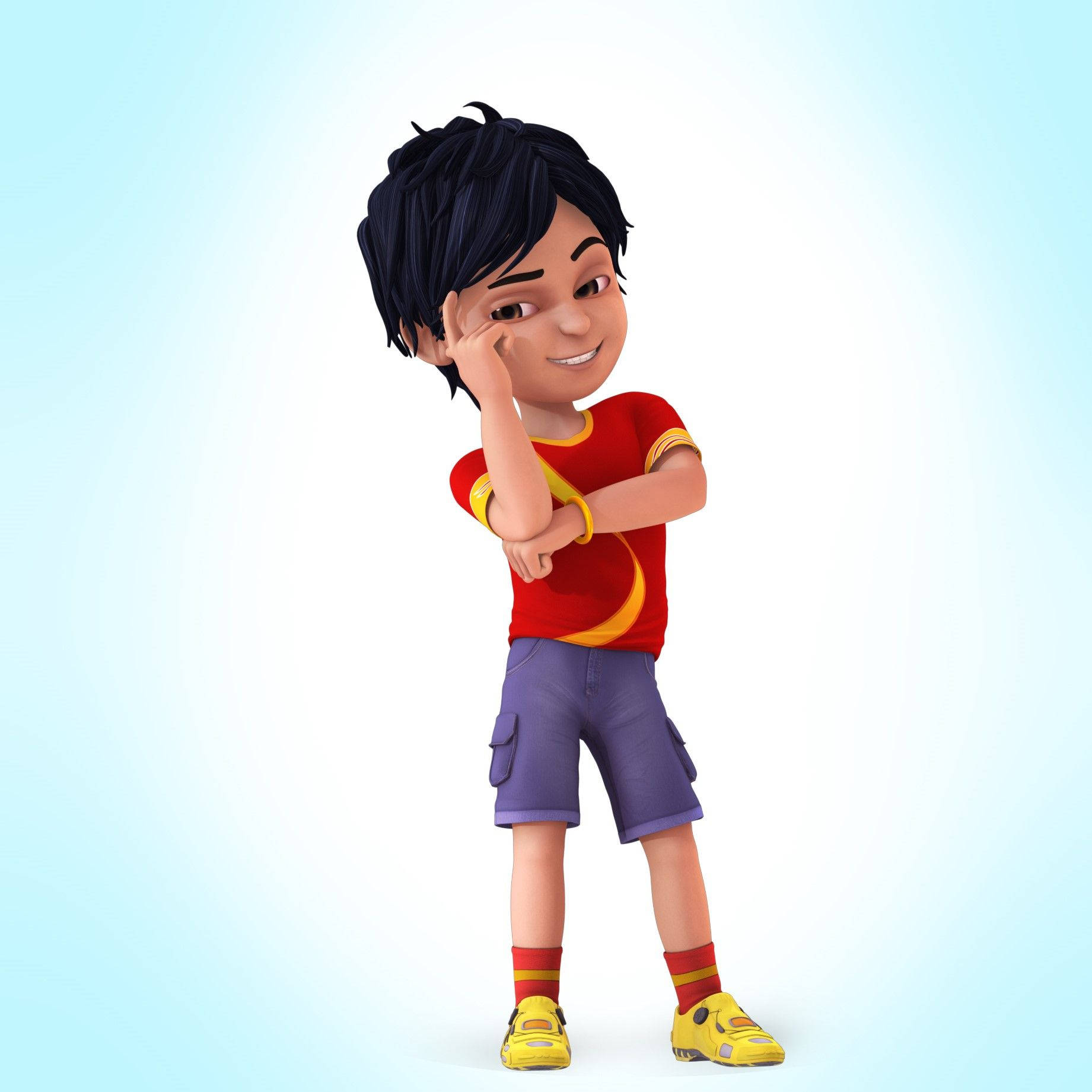 Shiva Cartoon 桌布 壁紙 — 一個快樂的3D渲染男孩，穿著紅色襯衫和紫色短褲，在柔和的藍色漸變背景上微笑著抓臉頰。