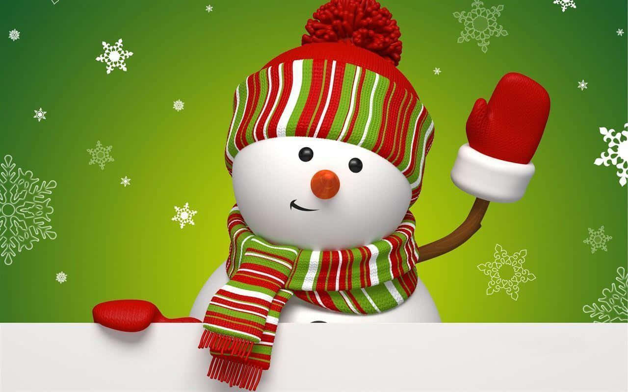 雪 桌布 壁紙 — 一個快樂的3D渲染雪人，戴著紅綠條紋帽子、圍巾和手套，在綠色雪花背景上揮手。