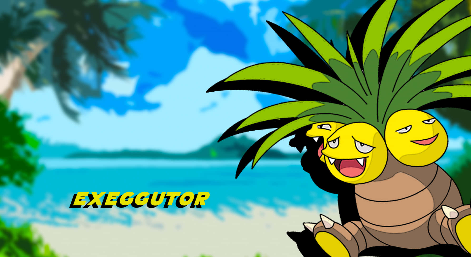 寶可夢 桌布 壁紙 — 一個快樂的Exeggutor，有三個黃色的臉和綠色的葉狀頭髮，坐在熱帶海灘上，頭頂是明亮的藍天。