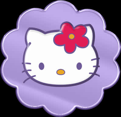 Hello Kitty 桌布 壁紙 — 一個快樂的Hello Kitty臉孔，頭上戴著一朵紅花，置於一個光滑的紫色扇貝形框架內。
