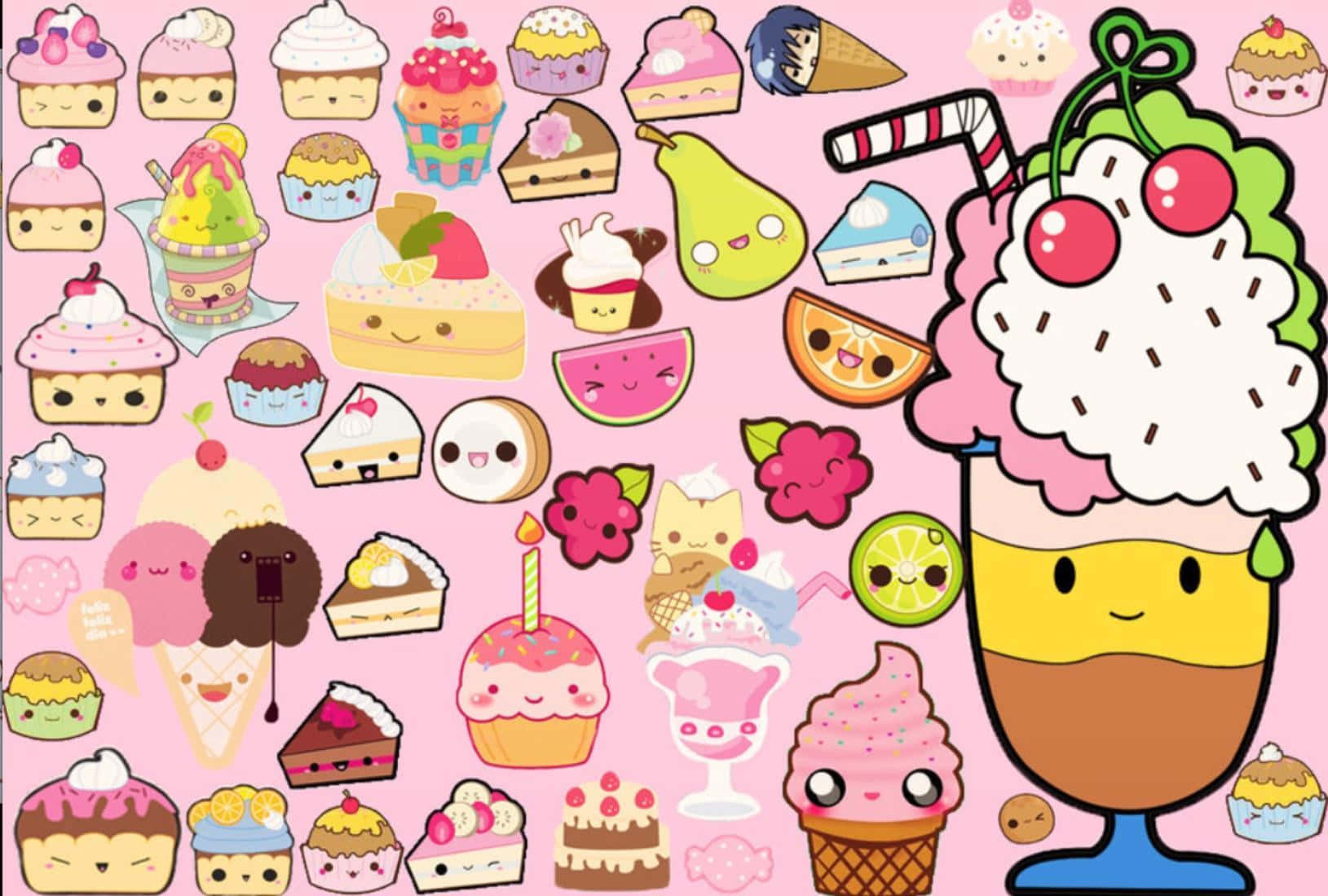 Kawaii Dessert 桌布 壁紙 — 一個快樂的kawaii甜點系列，在粉紅色背景上帶有笑臉。
