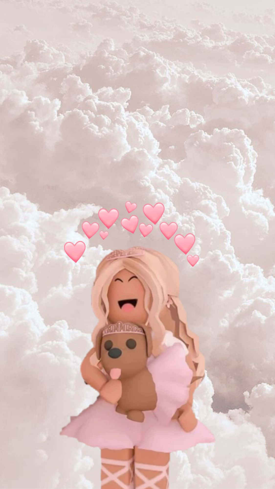 game 桌布 壁紙 — 一個快樂的Roblox女孩穿著粉紅色連衣裙，在蓬鬆的雲朵上抱著一隻泰迪熊，周圍有漂浮的粉紅色愛心。