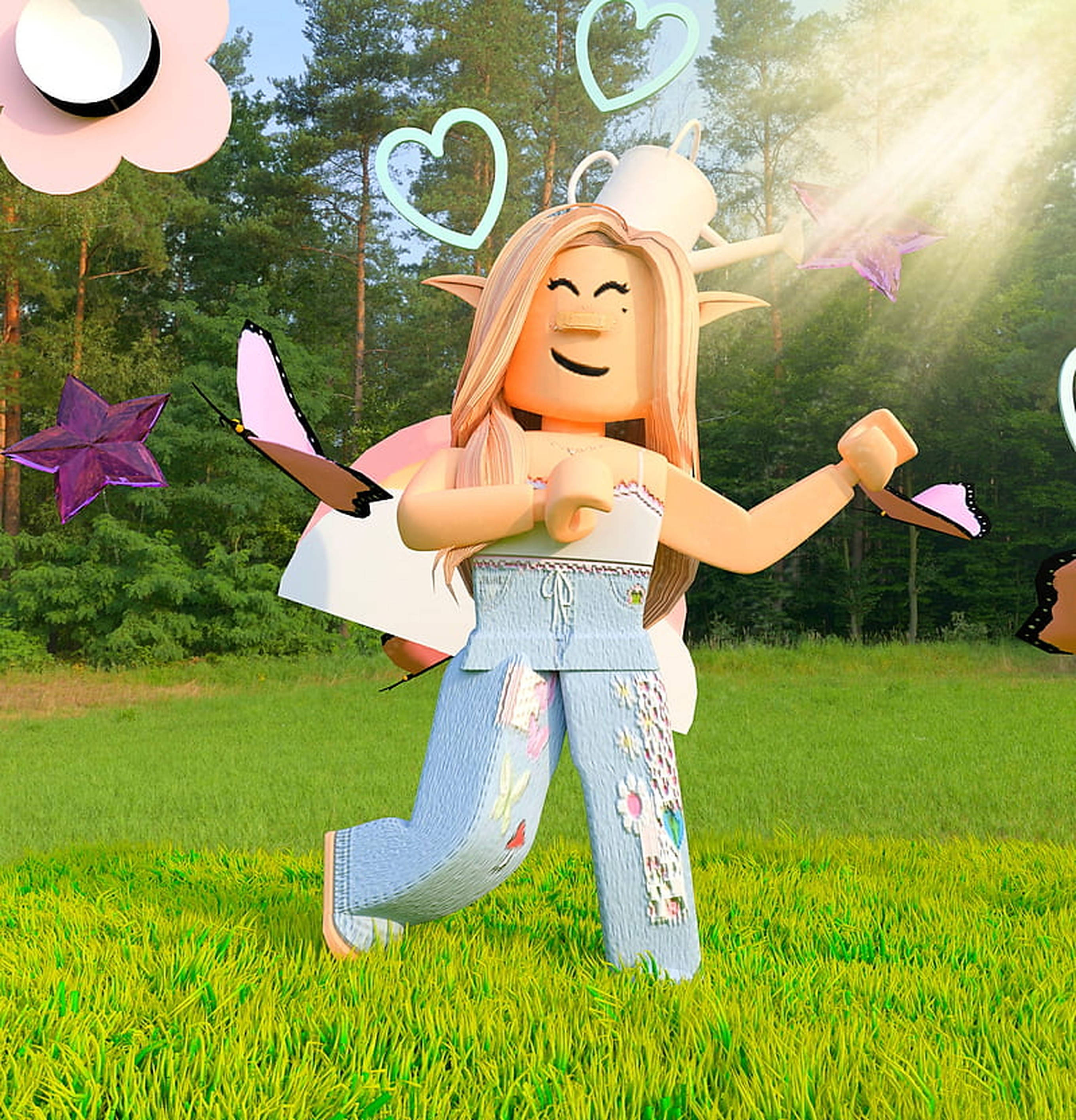 Roblox 女孩 桌布 壁紙 — 一個快樂的Roblox精靈，擁有蝴蝶翅膀，在陽光明媚的草地上跳舞，周圍環繞著漂浮的心形和星星。