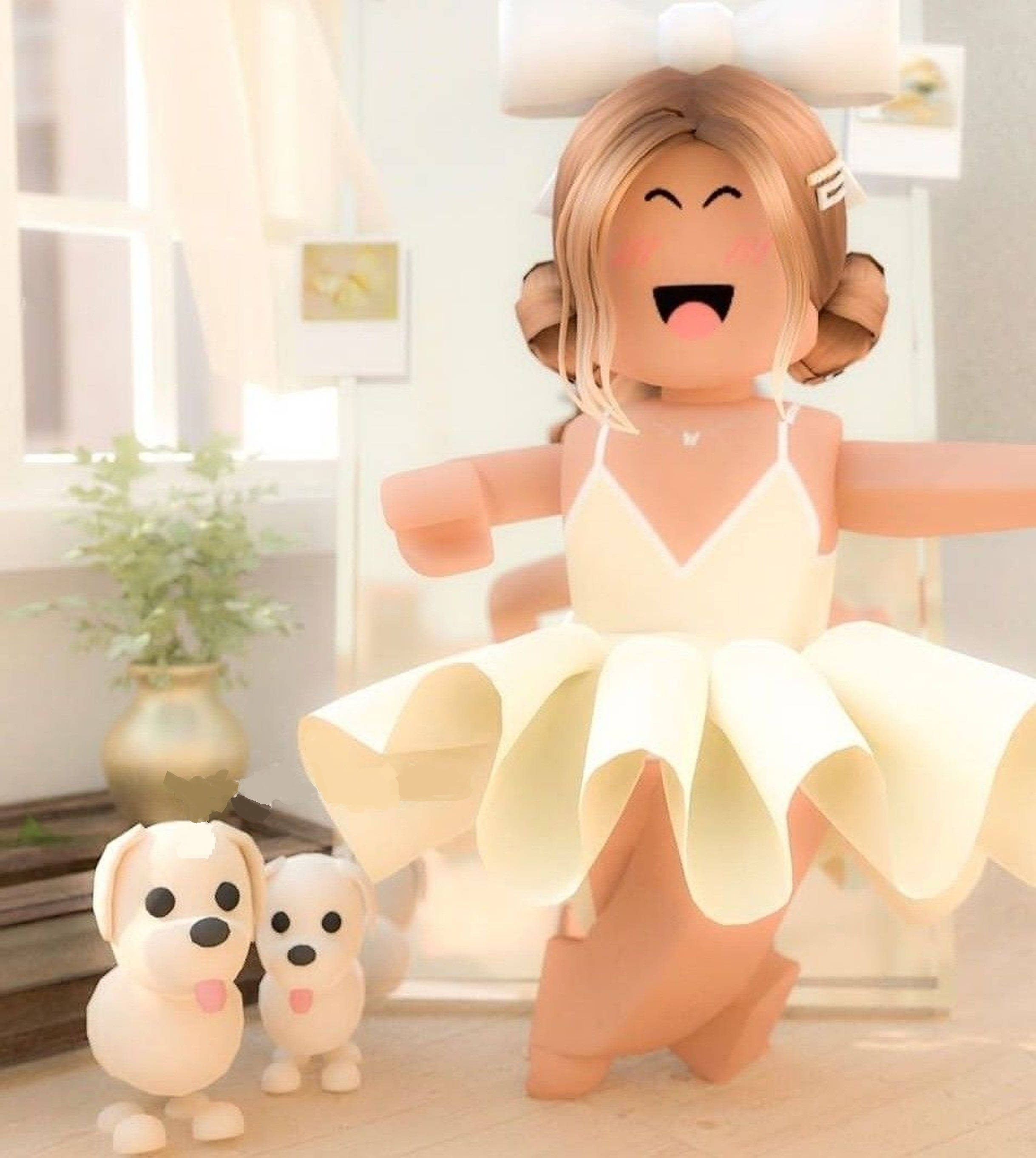 Roblox Girl 桌布 壁紙 — 一個快樂的Roblox虛擬角色穿著奶油色芭蕾舞裙，在陽光明媚的房間裡與兩隻毛絨小狗跳舞。