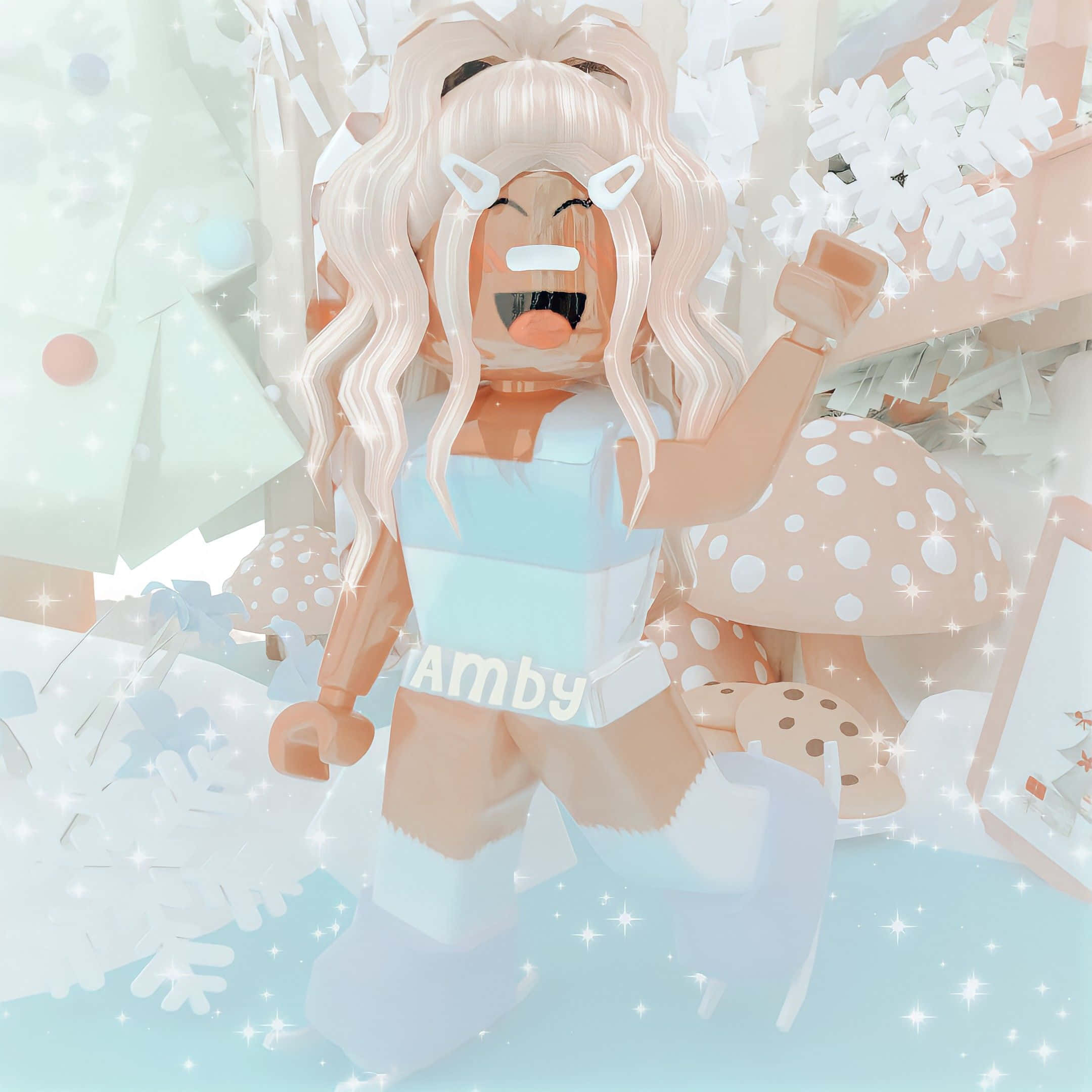 Roblox 桌布 壁紙 — 一個快樂的Roblox角色，擁有金色長髮和貓耳，在閃閃發光的冬季仙境中，有巨型蘑菇和雪花，正在大笑。