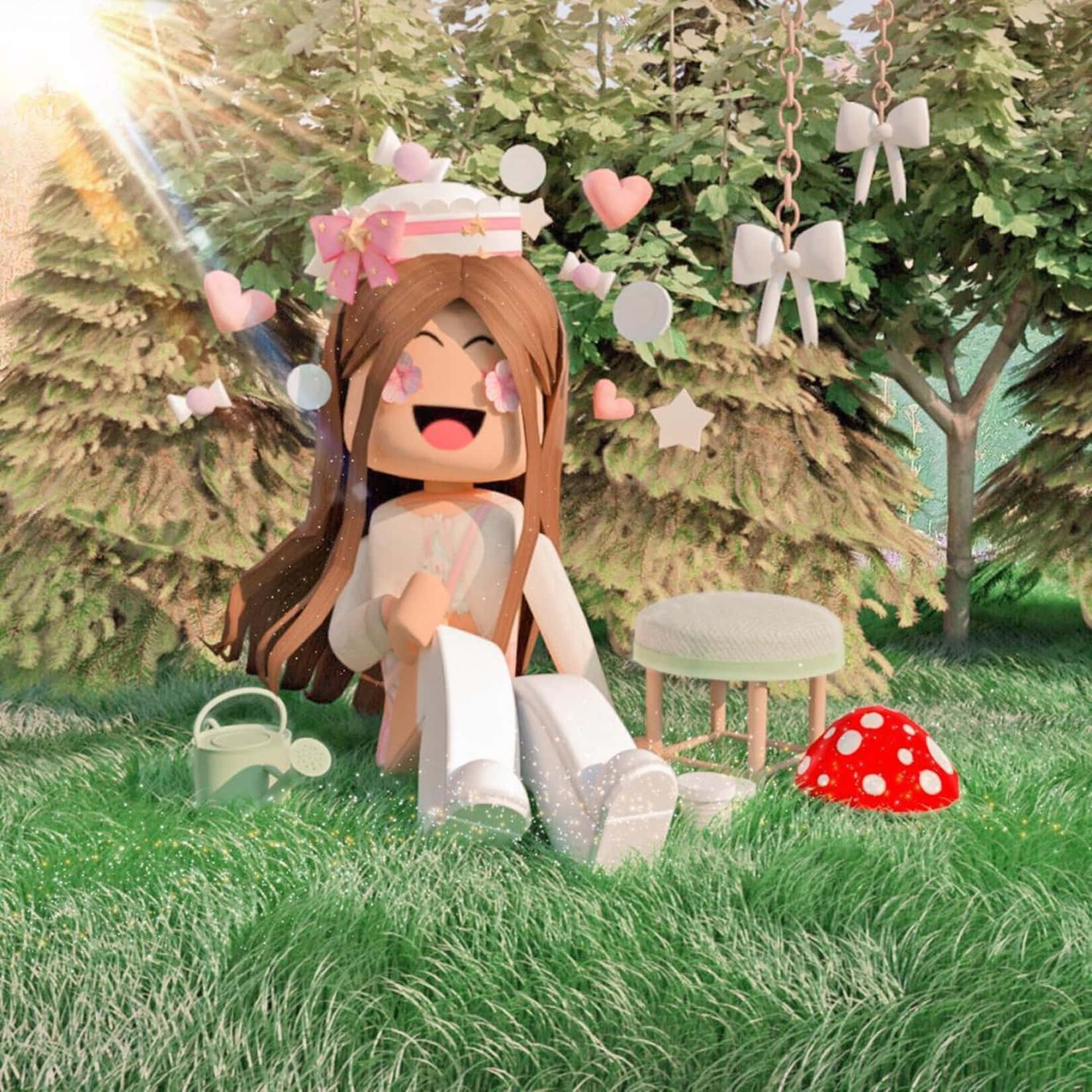 Roblox Gfx 桌布 壁紙 — 一個快樂的Roblox角色，長長棕色頭髮，戴著粉紅色蝴蝶結，坐在陽光普照的草地上，周圍有樹木和飄浮的古怪愛心和蝴蝶結。