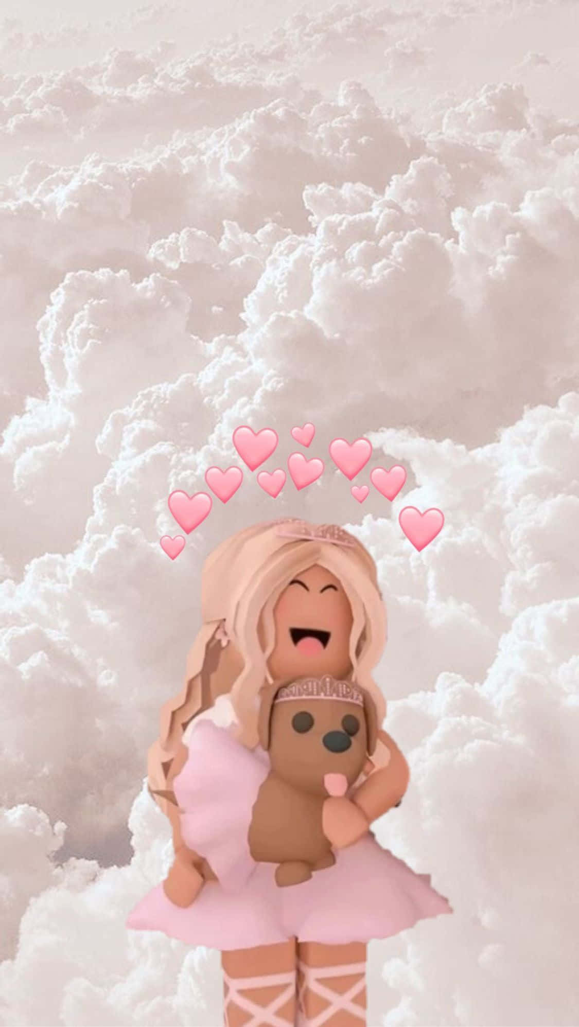 雲朵 桌布 壁紙 — 一個快樂的Roblox角色穿著粉紅色連衣裙，在 fluffy 雲朵上擁抱一隻泰迪熊，周圍有漂浮的粉紅色心形。
