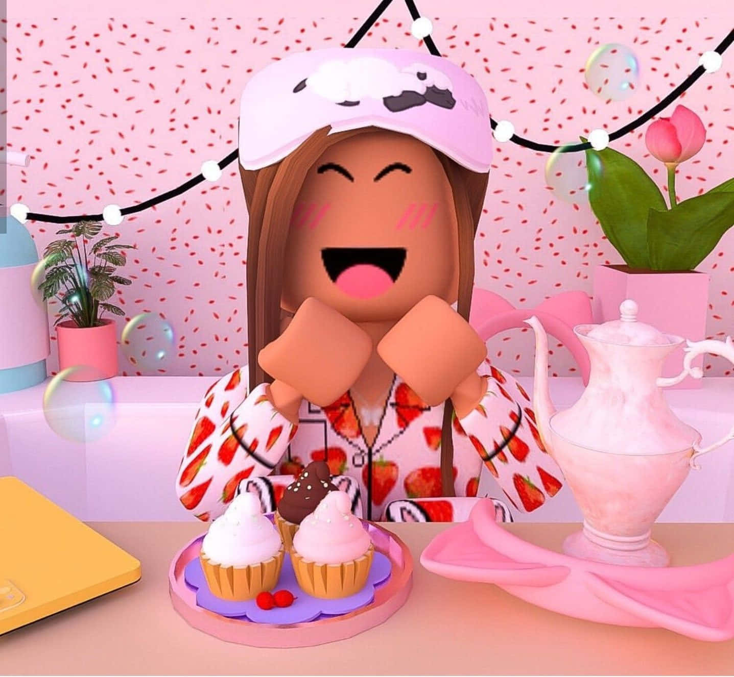 快樂 桌布 壁紙 — 一個快樂的Roblox角色穿著草莓睡衣套裝，在一個充滿粉紅色泡泡的房間裡笑著享用杯子蛋糕和茶。