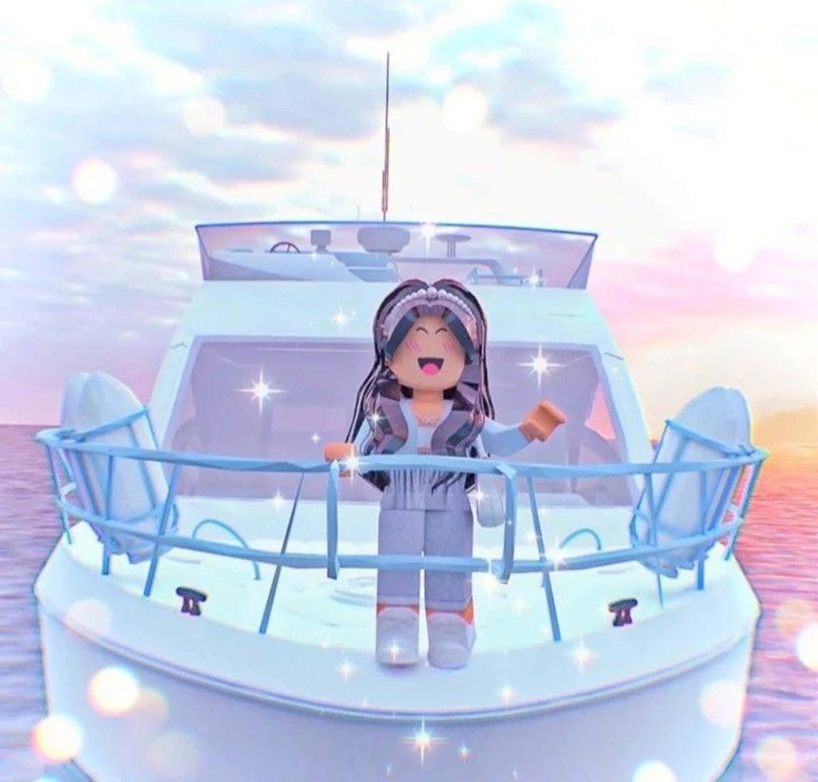 Roblox 桌布 壁紙 — 一個快樂的Roblox角色站在一艘閃閃發光的白色遊艇上，背景是粉紅色和藍色的天空以及波光粼粼的水面，夕陽西下。