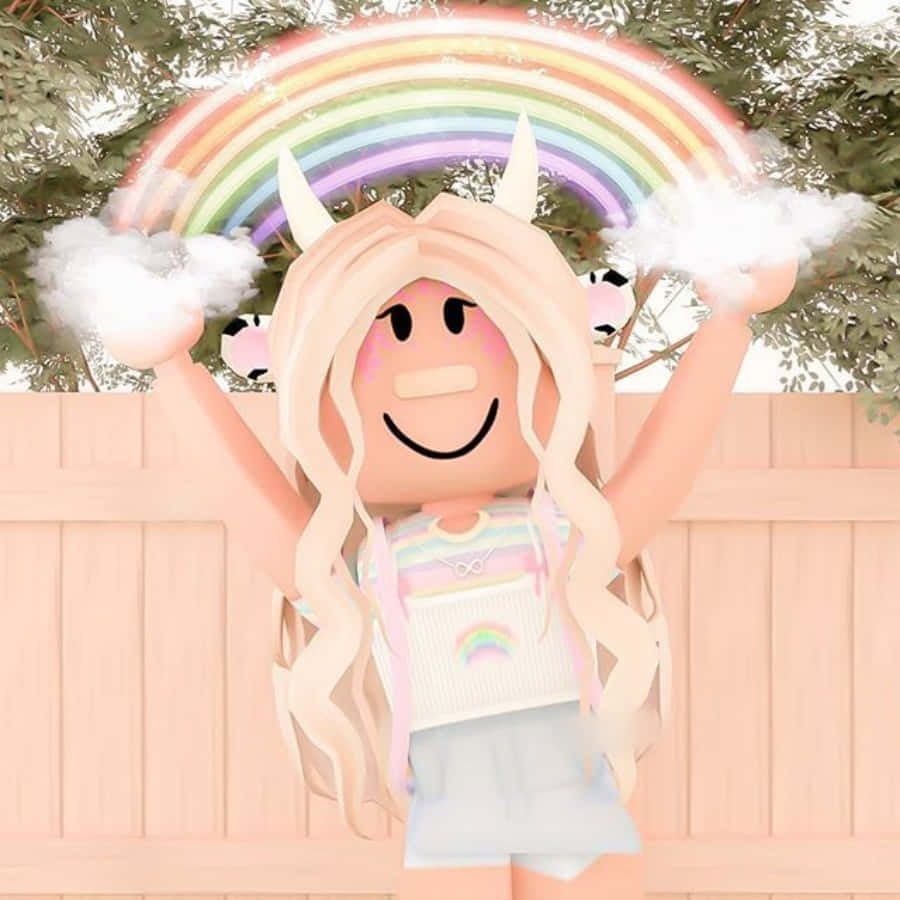 美學 Roblox 女孩 桌布 壁紙 — 一個快樂的Roblox頭像，擁有金色長髮和獨角獸角，在木柵欄和綠樹背景下，於鮮豔彩虹下抱著蓬鬆的雲朵。