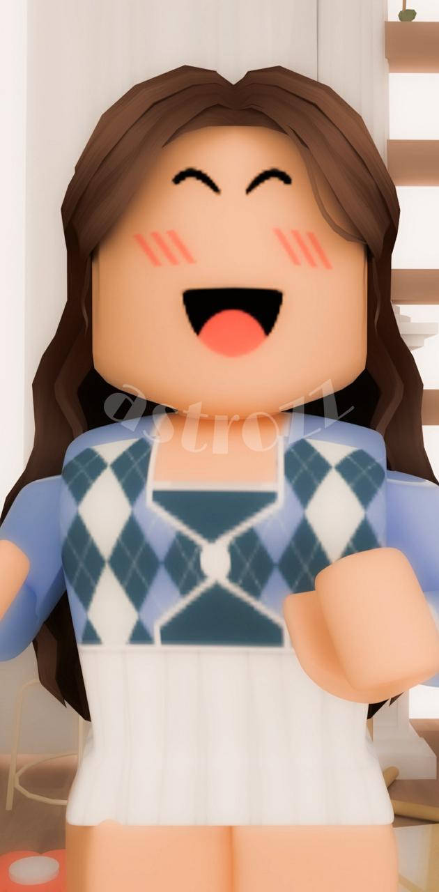 Aesthetic Roblox 桌布 壁紙 — 一個快樂的Roblox頭像，棕色頭髮，穿著藍色菱形圖案毛衣，臉頰紅潤，開懷大笑。