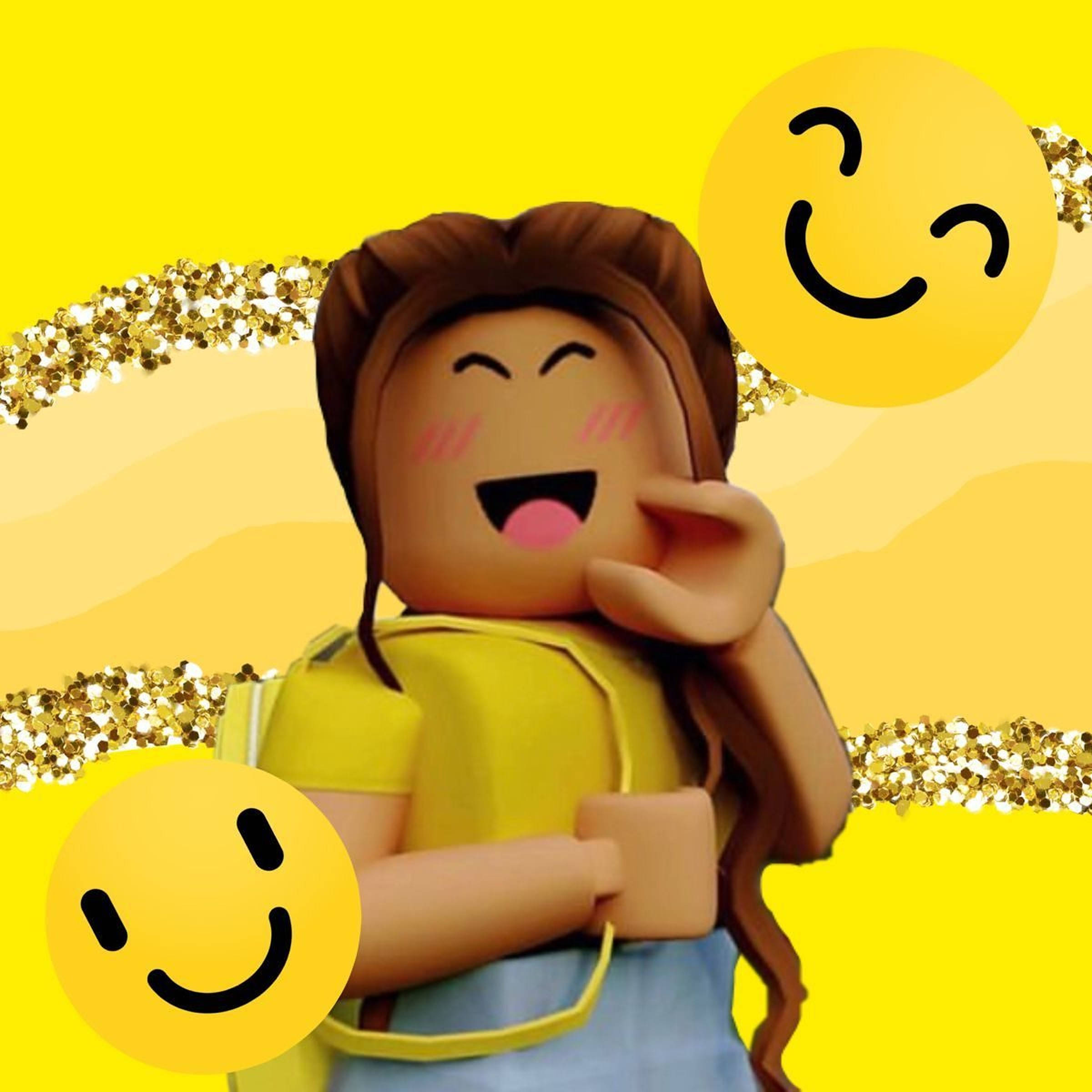Roblox 女孩 桌布 壁紙 — 一個快樂的Roblox頭像，棕色頭髮，黃色襯衫，在帶有亮粉和笑臉的亮黃色背景上開懷大笑。