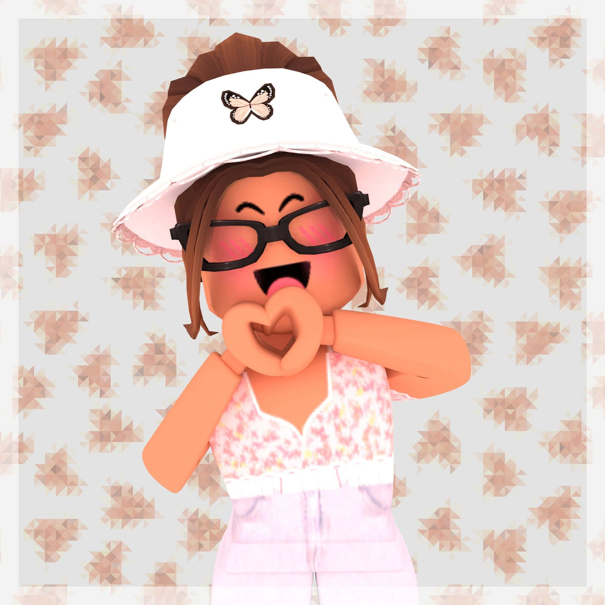 美學 Roblox 女孩 桌布 壁紙 — 一個快樂的Roblox頭像，棕色頭髮戴眼鏡，戴著蝴蝶帽和花卉上衣，用手做出心形。