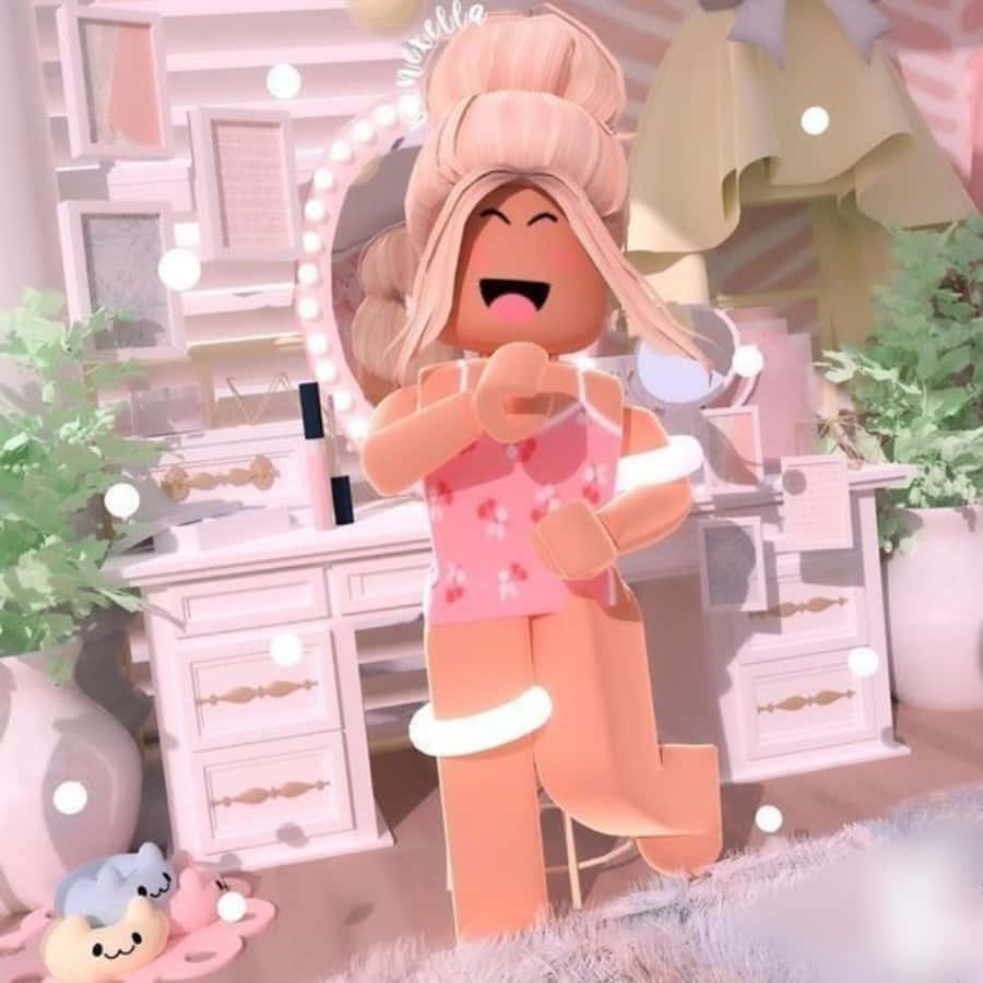 TikTok 動圖 桌布 壁紙 — 一個快樂的Roblox頭像，粉紅色頭髮和服裝，在充滿植物和燈光的粉紅色化妝間裡愉快地擺姿勢。
