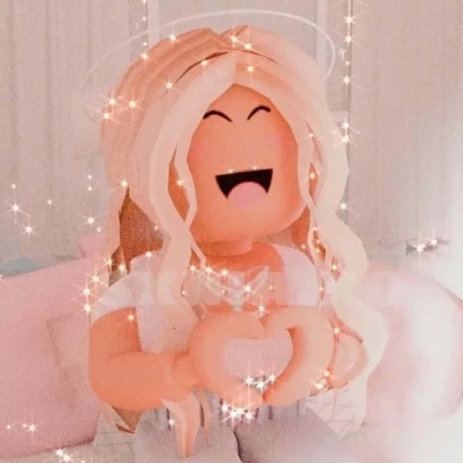 美學 Roblox 女孩 桌布 壁紙 — 一個快樂的Roblox頭像，金髮和光環，笑著拿著一個閃爍的心，周圍有火花。